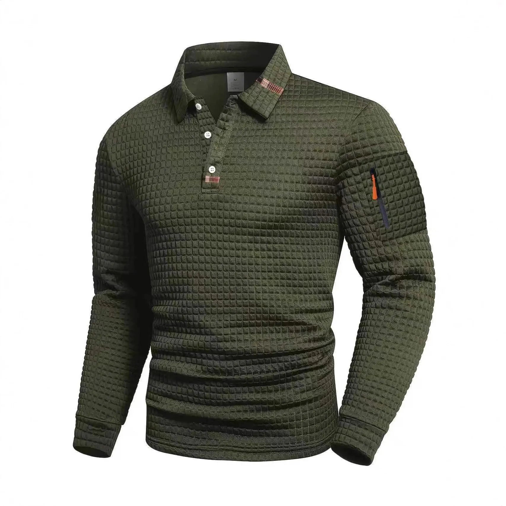 Mens patchwork checkerboard casual sports polo shirt long sleeve polyester blend