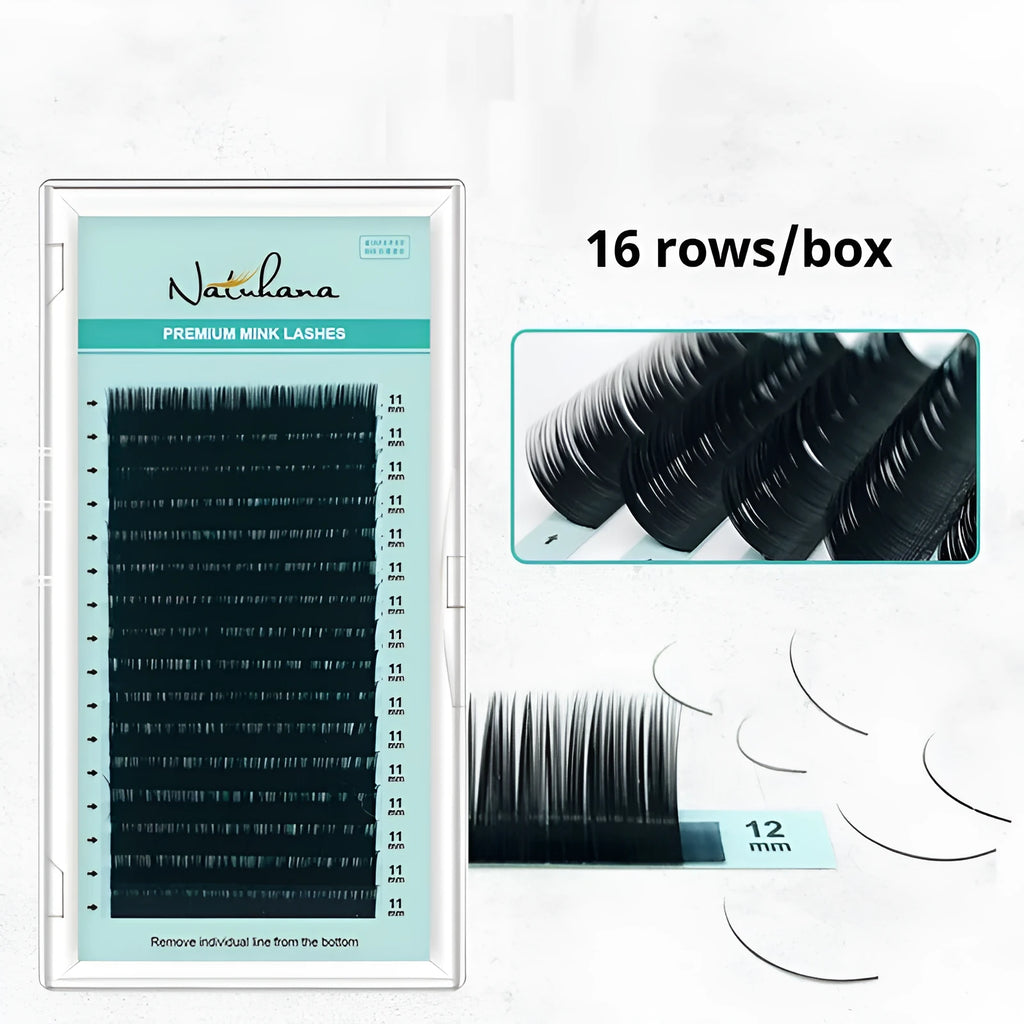 A pair of soft velvet artificial fibre false eyelashes showing options from 7mm to 15mm in length.
