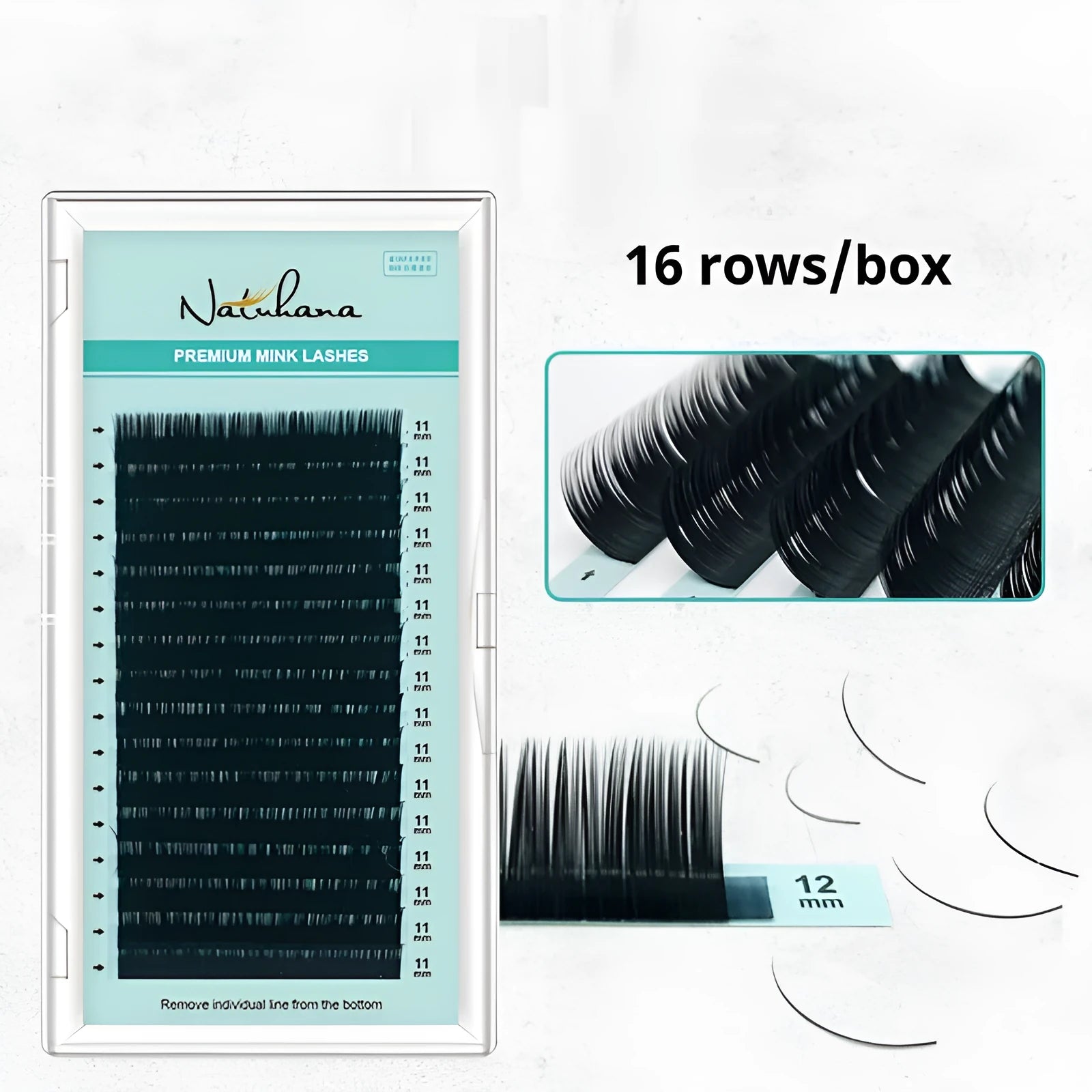 A pair of soft velvet artificial fibre false eyelashes showing options from 7mm to 15mm in length.