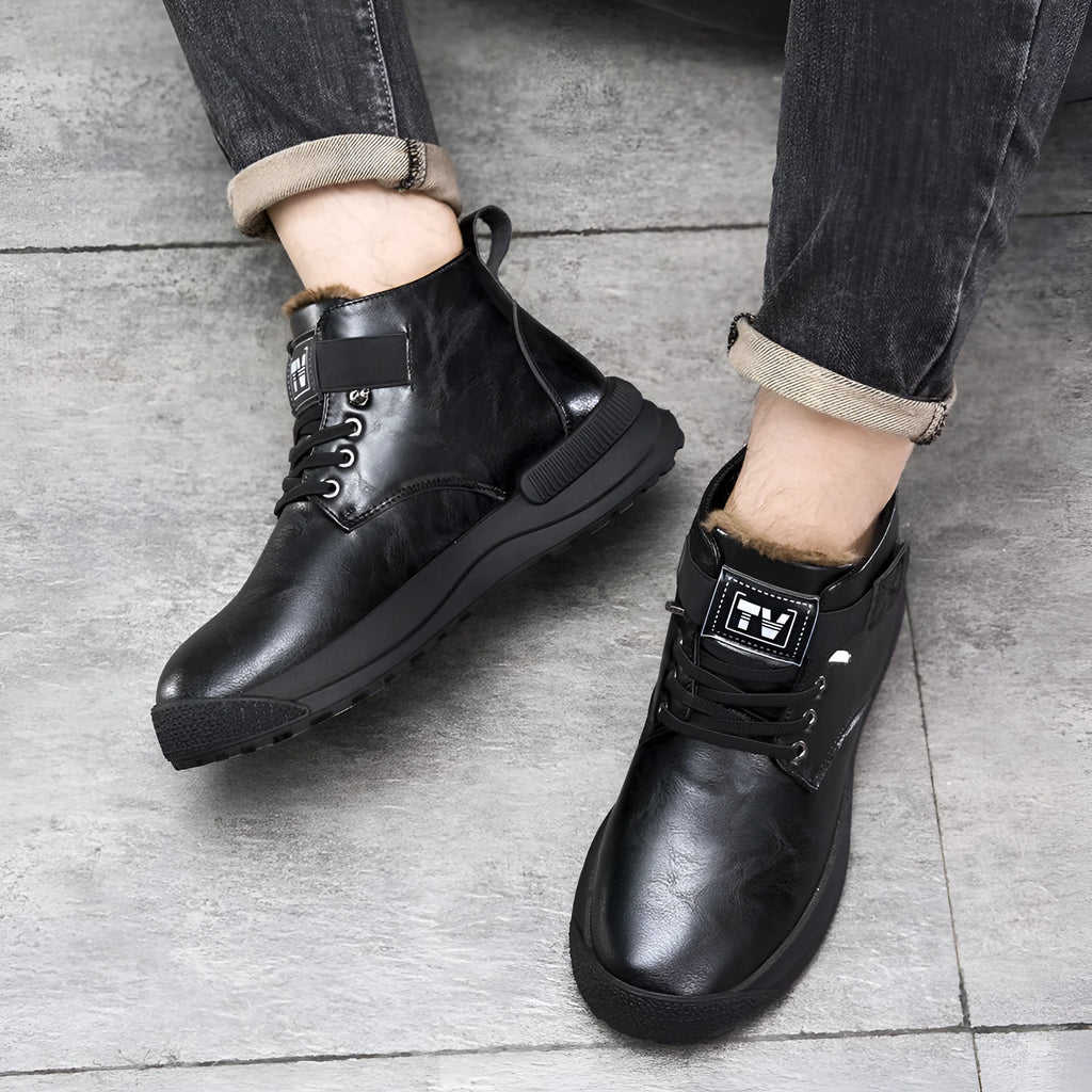Black high-top Martin platform boots with a velvet-style upper and rubber sole.