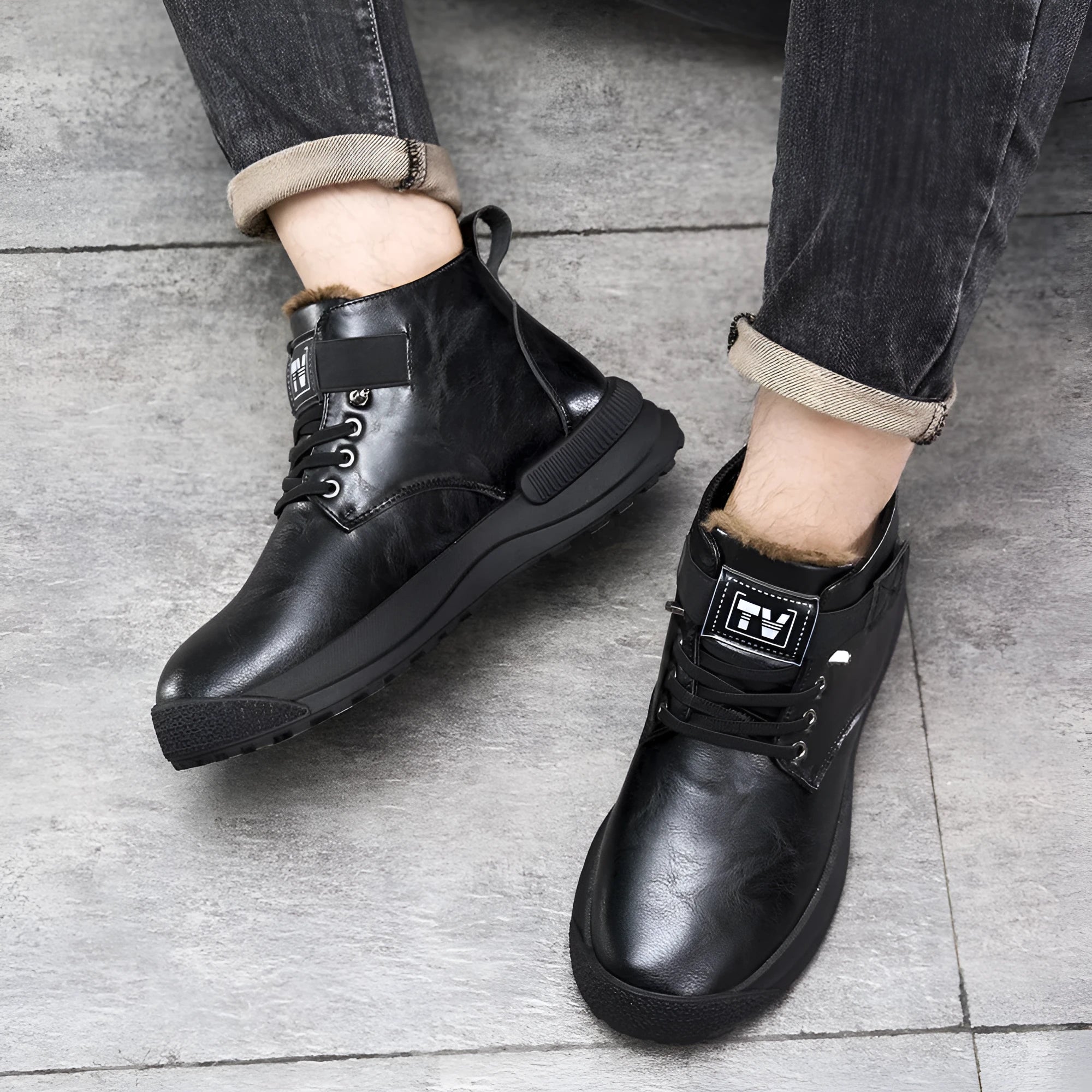 Black high-top Martin platform boots with a velvet-style upper and rubber sole.