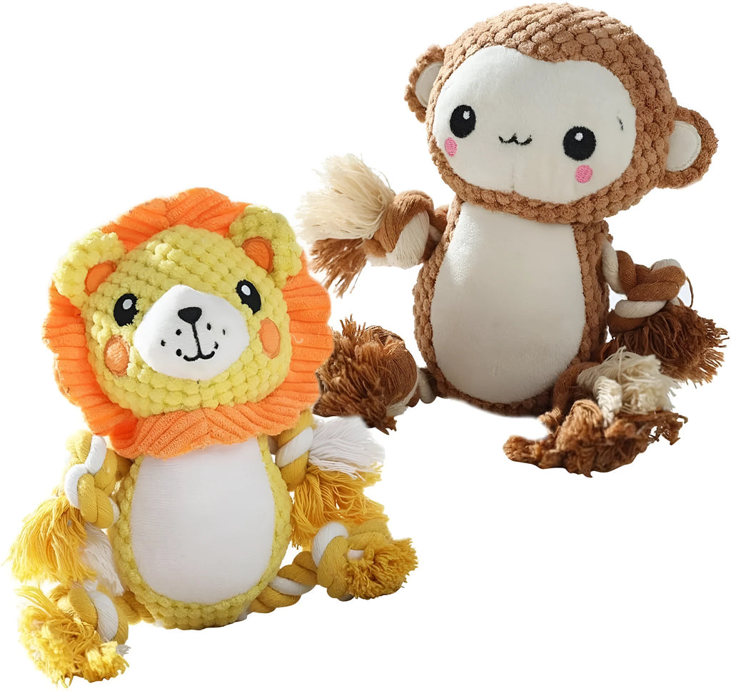 Monkey and lion plush squeaky dog toys bundle with stuffing-free construction for medium large dogs