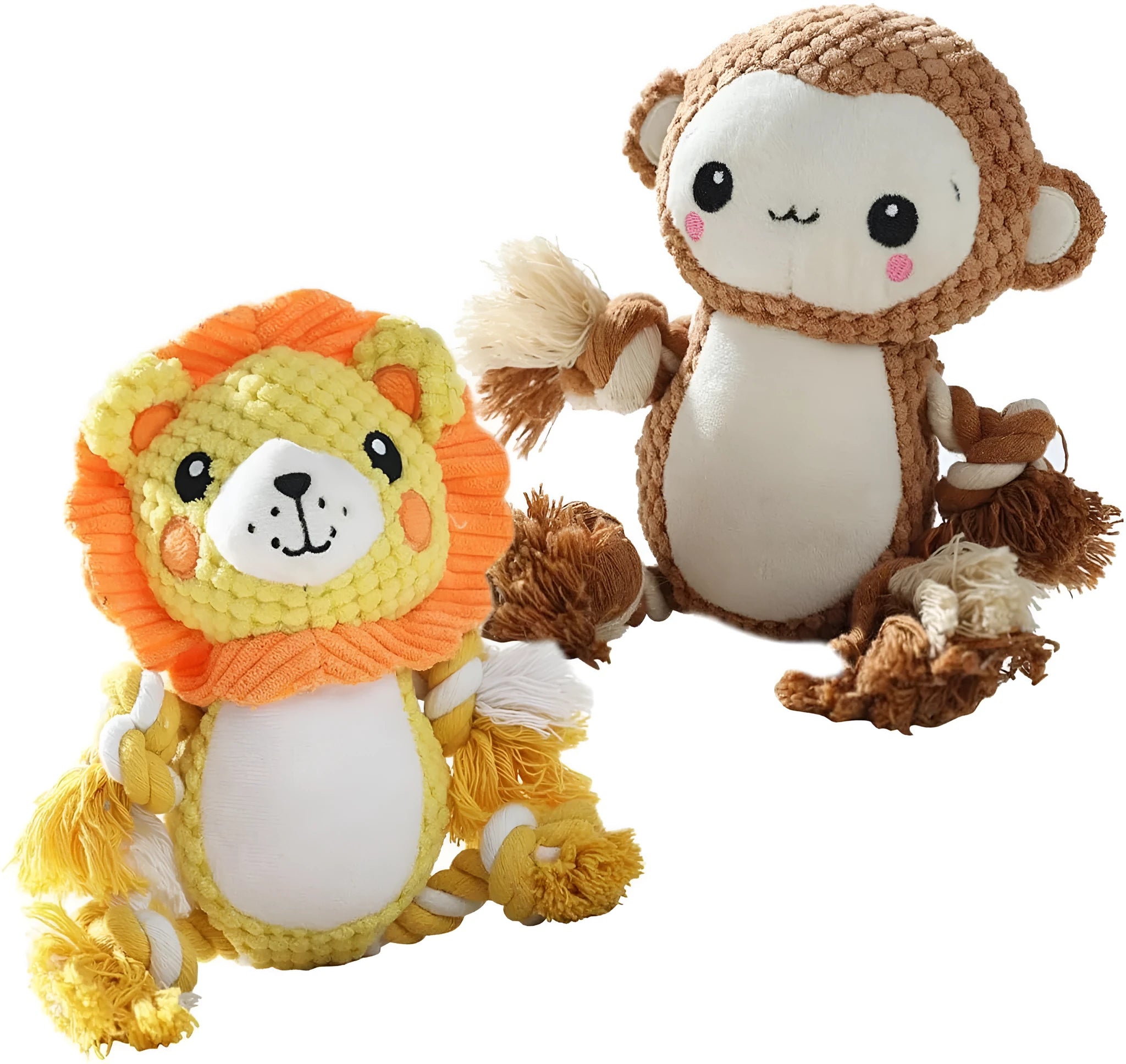 Monkey and lion plush squeaky dog toys bundle with stuffing-free construction for medium large dogs