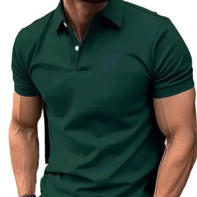 Men's slim-fit cotton-blend short-sleeve button-up shirt in solid colours on a size chart background.