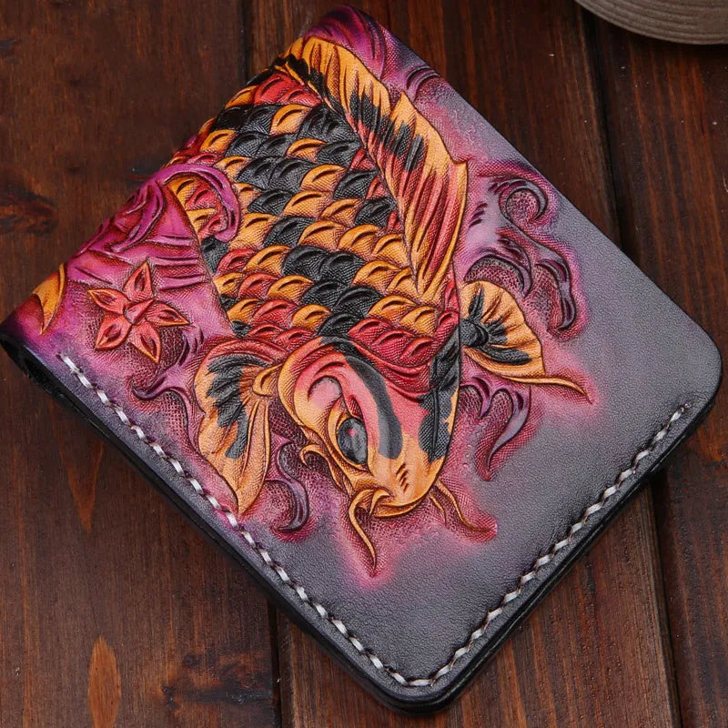 Men's red cow leather short wallet with carving detail, shown next to a ruler showing 10cm width.
