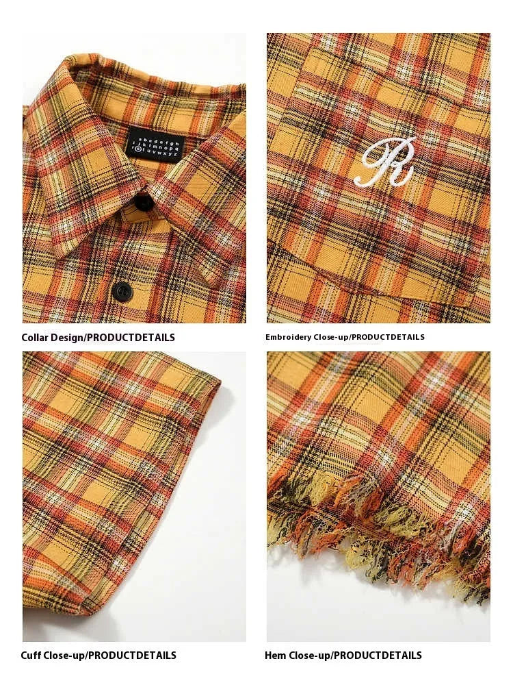 Yellow plaid short sleeve shirt with embroidered chest pocket, loose fit casual design