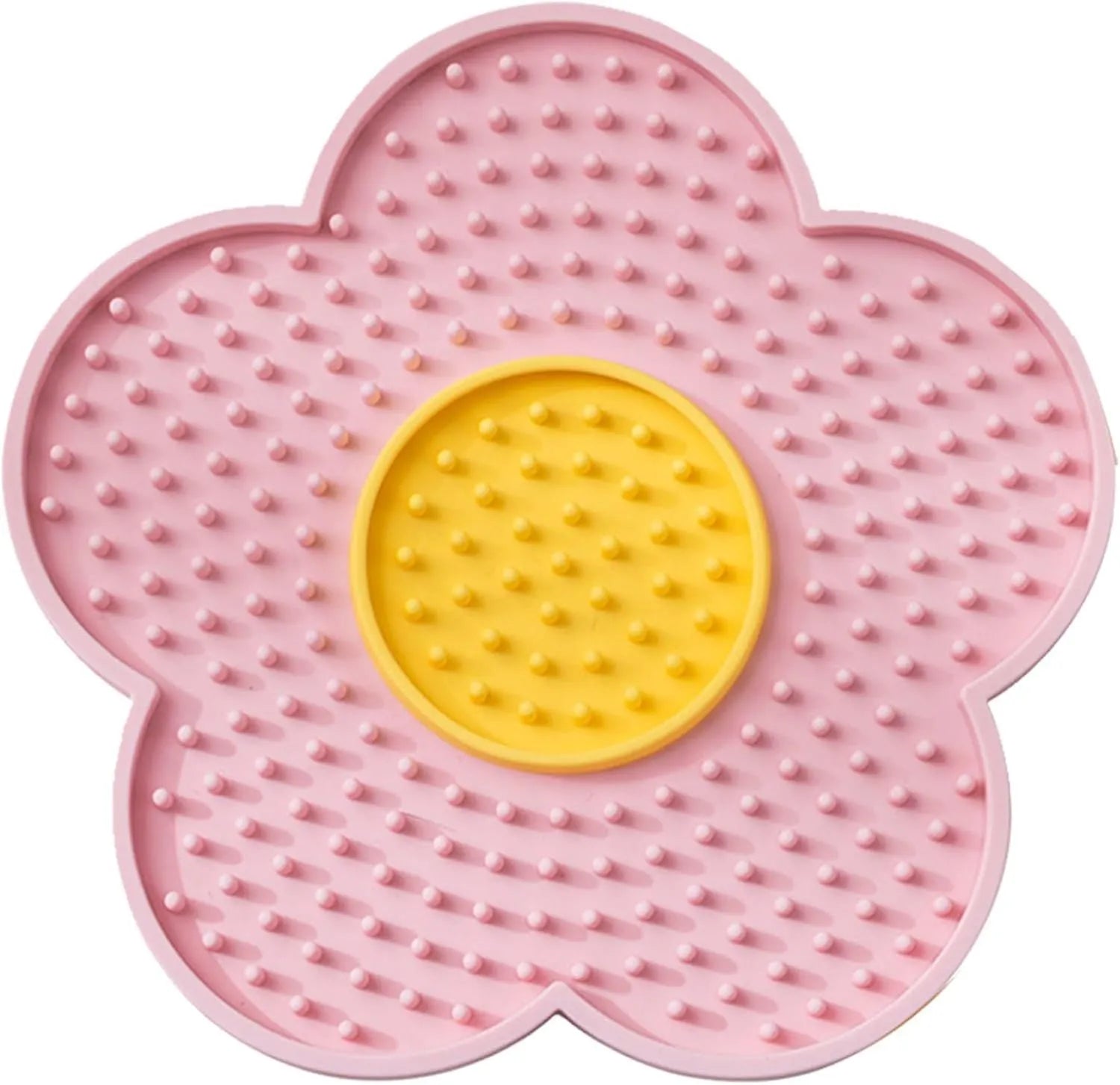 Flower-shaped silicone lick pad for cats and dogs with multiple suction cups on the back, shown in a choice of colours.