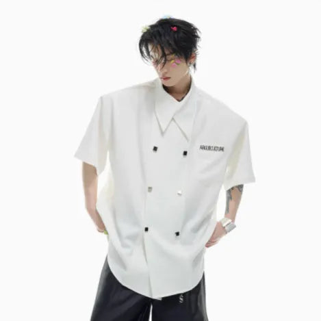 Men's loose summer casual short-sleeved shirt in high-count cotton blend with lapel collar