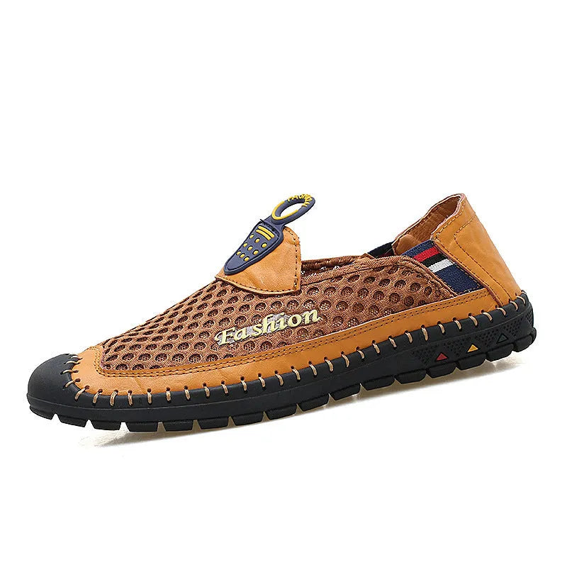 Men's brown breathable mesh casual shoes with round toe and non-slip rubber sole