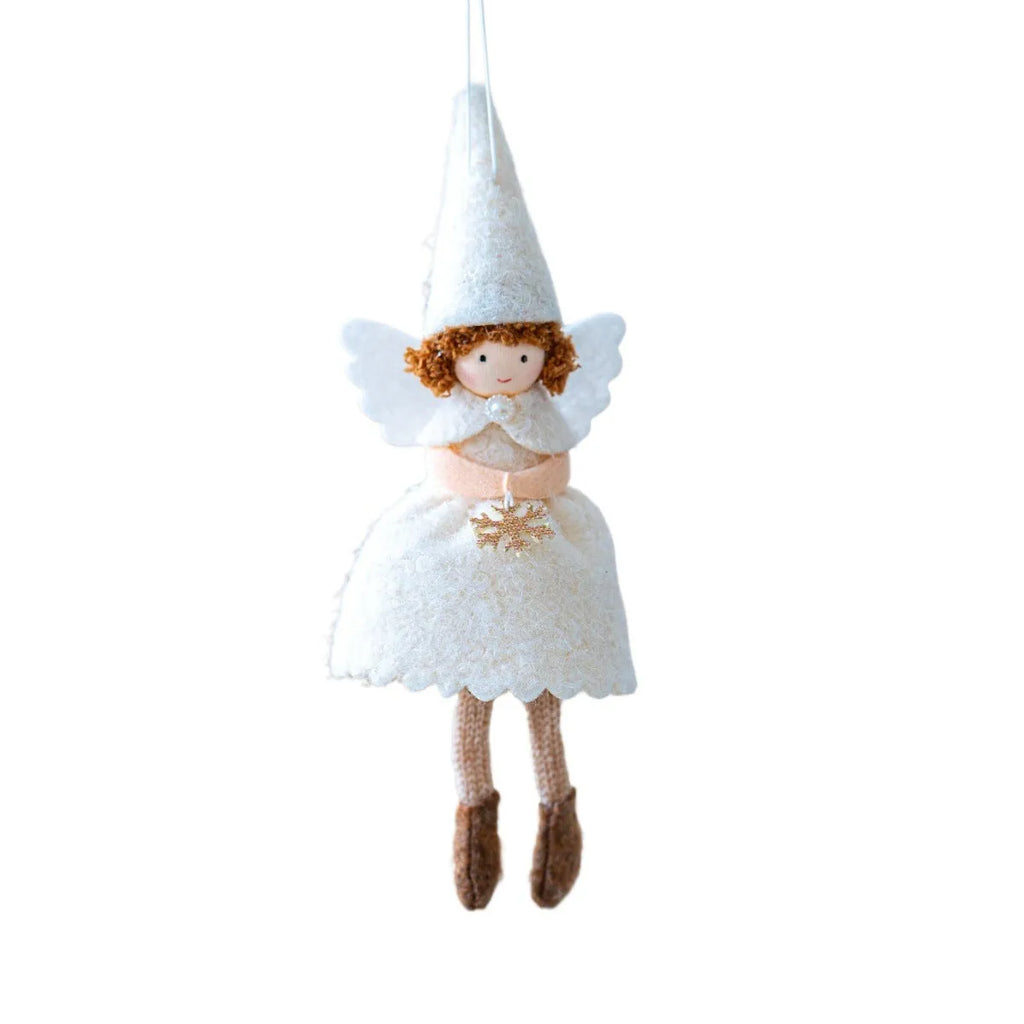 White cloth angel skirt Christmas pendant with plush texture on green tree branch