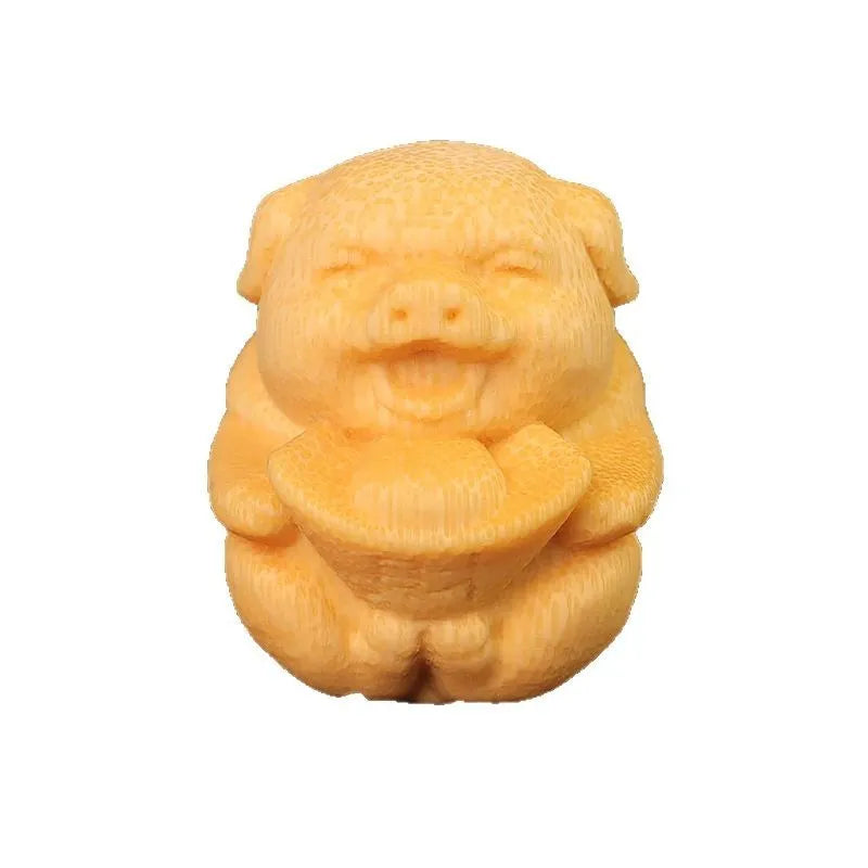 Solid bamboo carving ornament with cute pig ingot design measuring 4cm in height