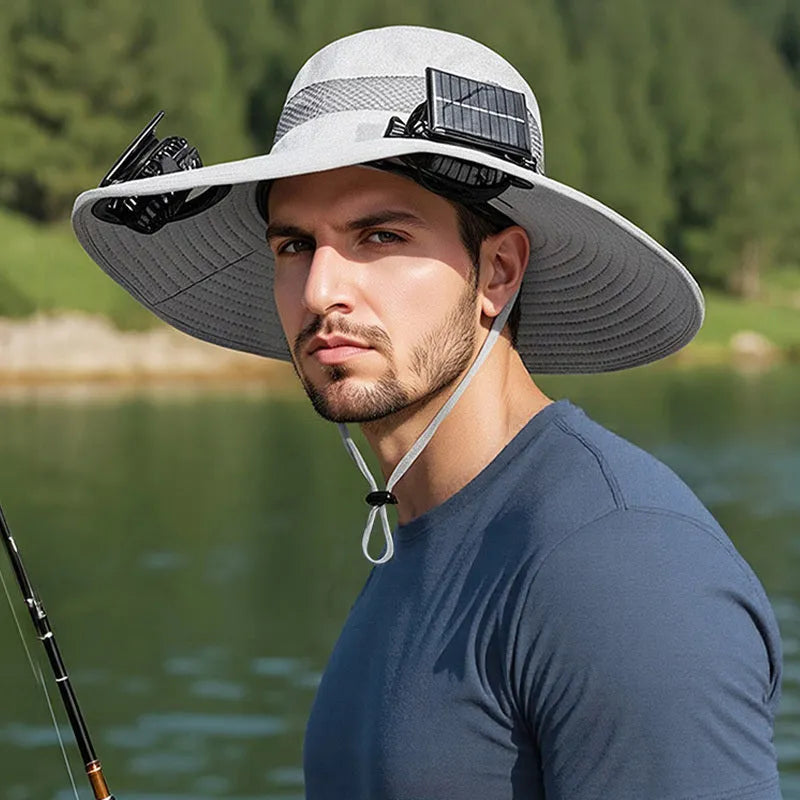 Men's grey solar-powered fan hat with integrated cooling fan and wide brim for sun protection.