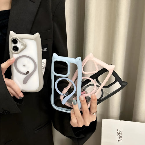 Transparent acrylic TPU iPhone 17 phone case showing magnetic suction feature and colour options