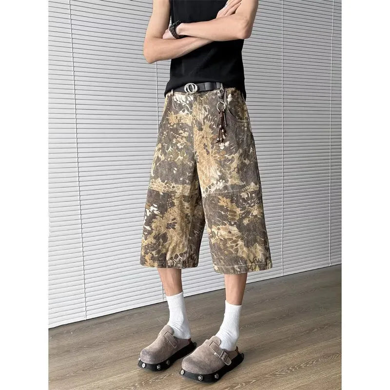 Yellow snake pattern camouflage cotton denim jeans with cropped length and distressed detailing