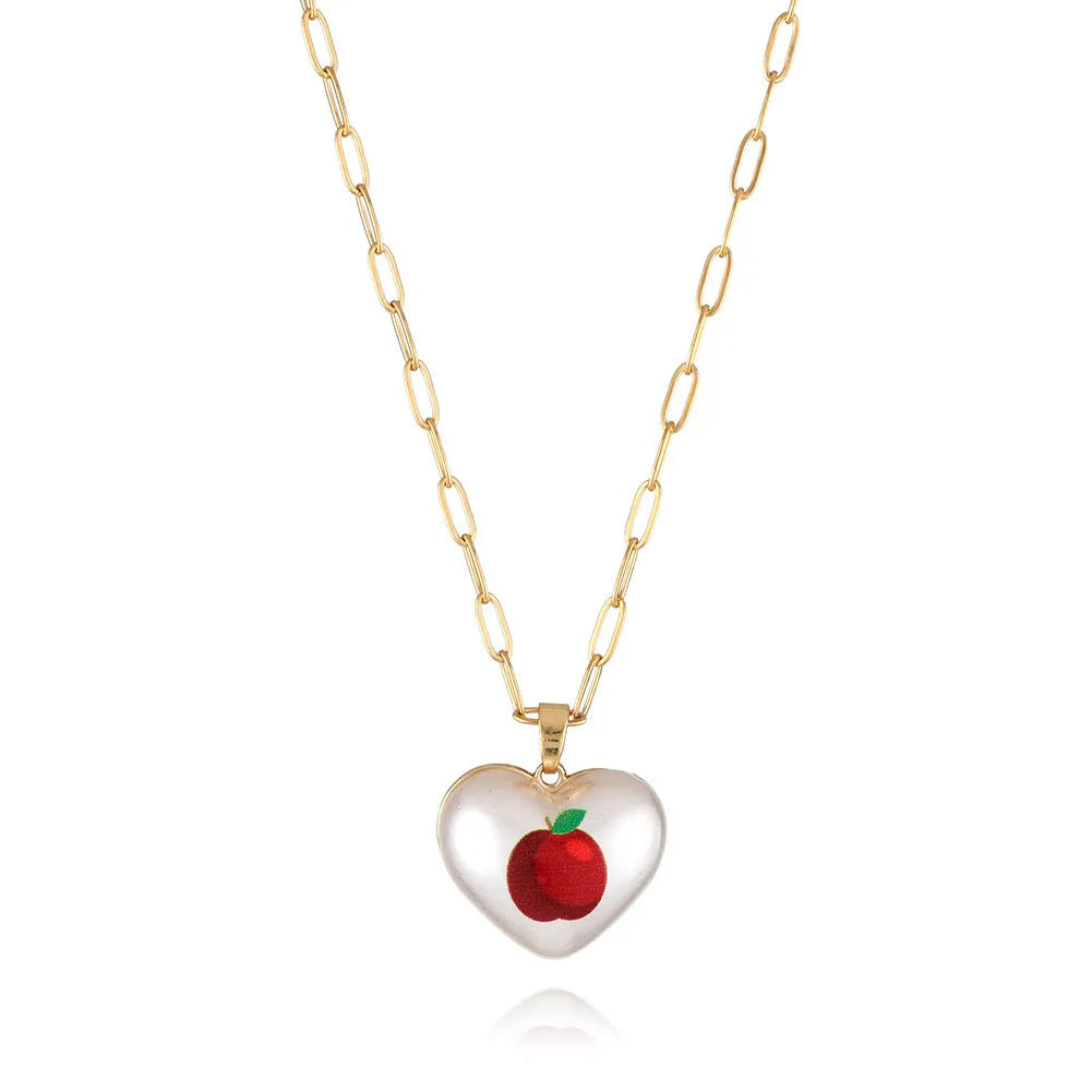 Geometric heart fruit pendant necklace with adjustable chain showing strawberry, pineapple, apple designs