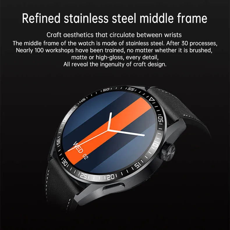 Black or silver smartwatch with 1.35-inch screen showing health stats and NFC payment icon.