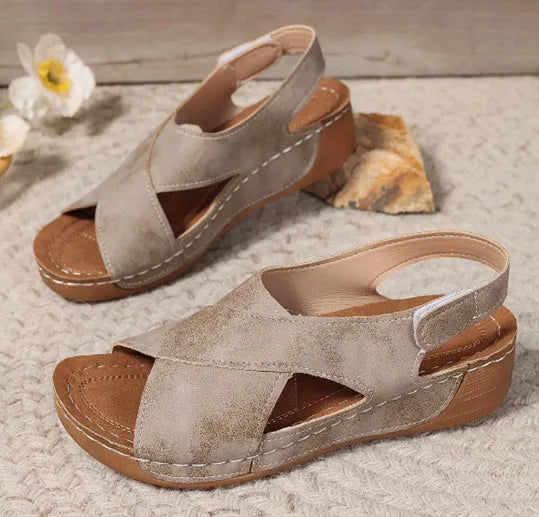 Roman platform sandals with skirt detail and adjustable Velcro strap in khaki colour
