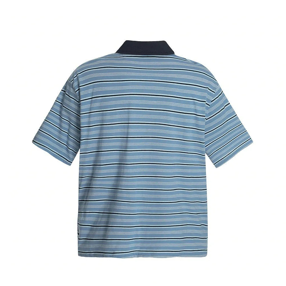 Blue stripe vintage cotton polo shirt with short sleeves and loose fit