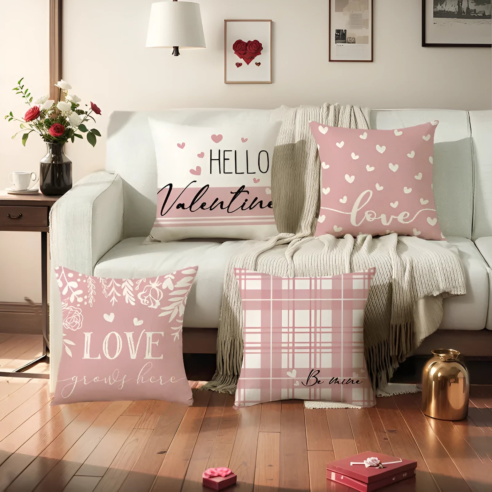 Red and white plaid heart pattern printed on a square 45x45cm decorative pillow cover.