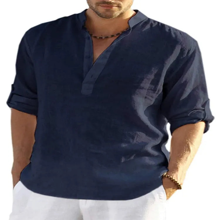 Men's cotton linen stand collar shirt in solid colour with button-down front and long sleeves