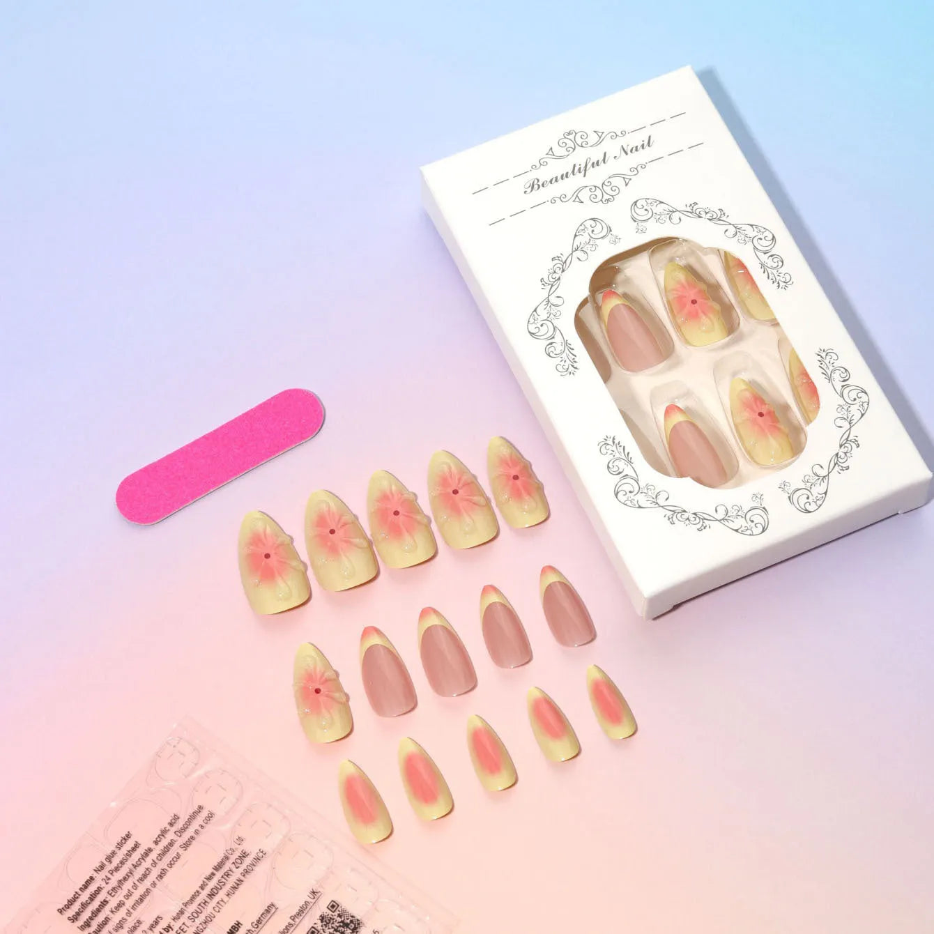 Set of detachable plastic false nails with 3D cartoon flower design, colour TY-318, with glue and file.