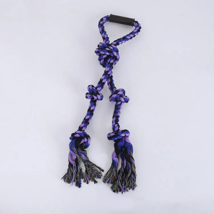 Blue and yellow woven cotton rope dog tug toy with a textured handle for large breed dogs.