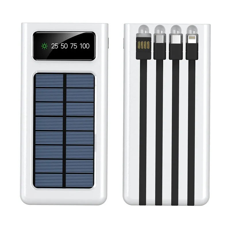 Solar power bank with integrated cables showing black plastic shell and solar panel