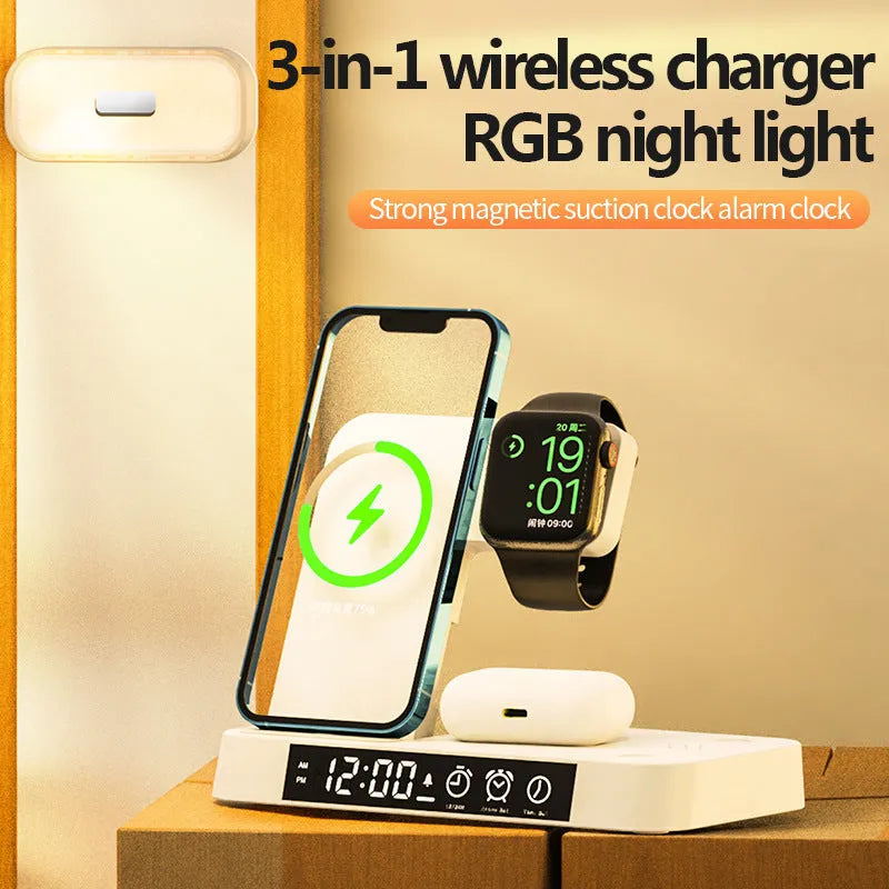 White foldable wireless charging station showing alarm clock display, phone charging surface and RGB night light