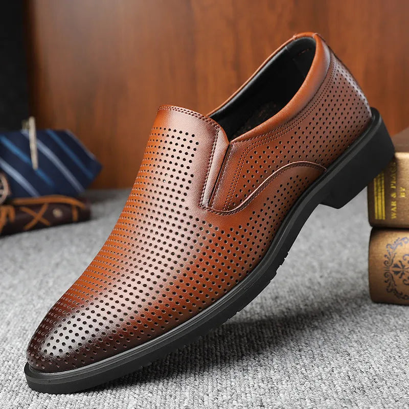 Men's black business casual slip-on shoes with leather toe cap and rubber sole