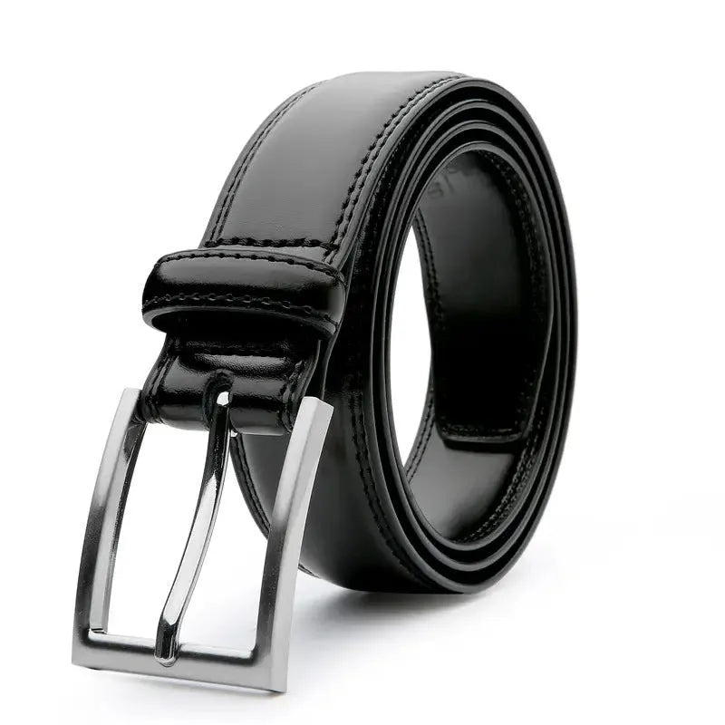 Men's genuine leather casual belt with an alloy buckle in brown, shown with length options from 110cm to 130cm