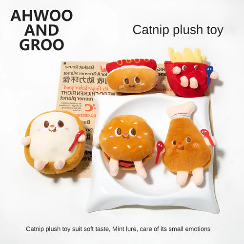 Assorted fast food shaped cat chewing toys including hamburger, chicken leg, bread, fries, and hot dog designs
