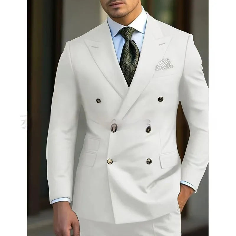 Men's light business style two-piece suit in chemical fibre and cotton blend fabric