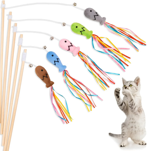 Cat wand toy with wooden handle, colourful ribbons, catnip fish attachment, and bell for interactive play
