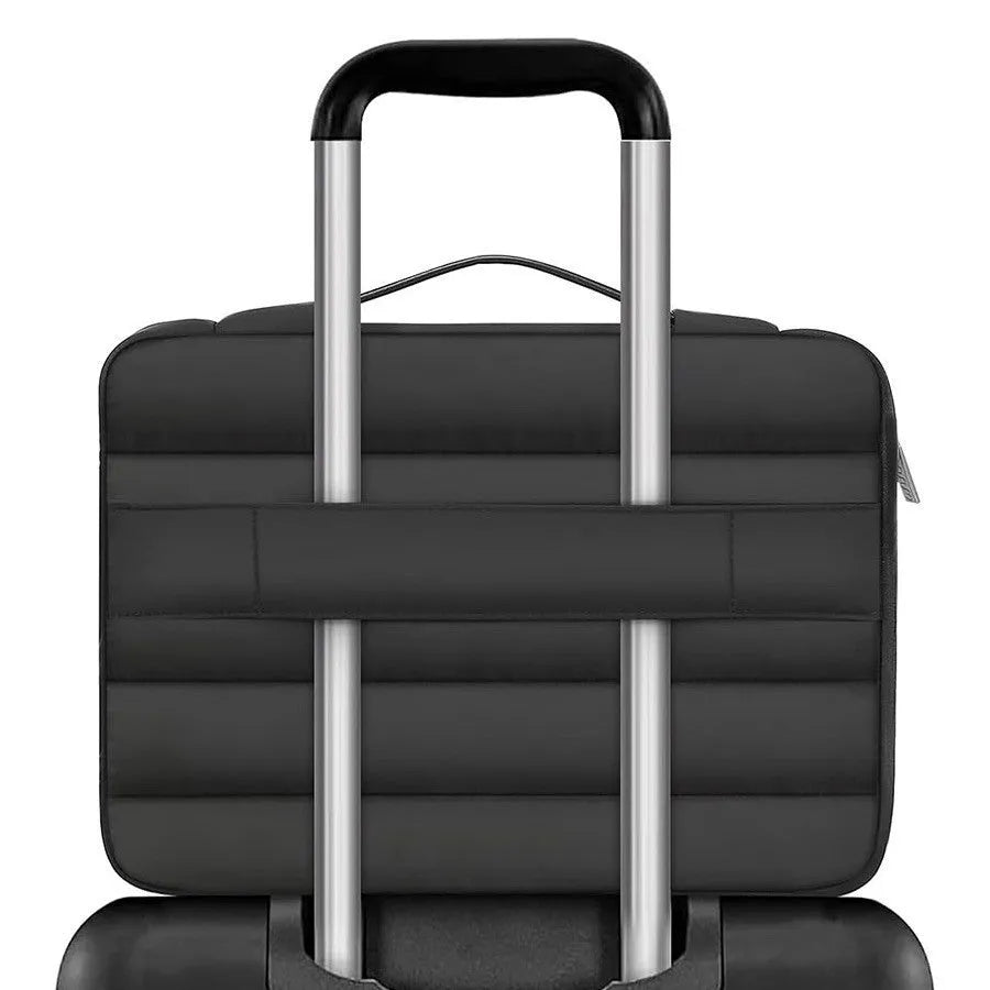 Velvet waterproof laptop bag in black showing plaid design and cotton down shrink storage compartment