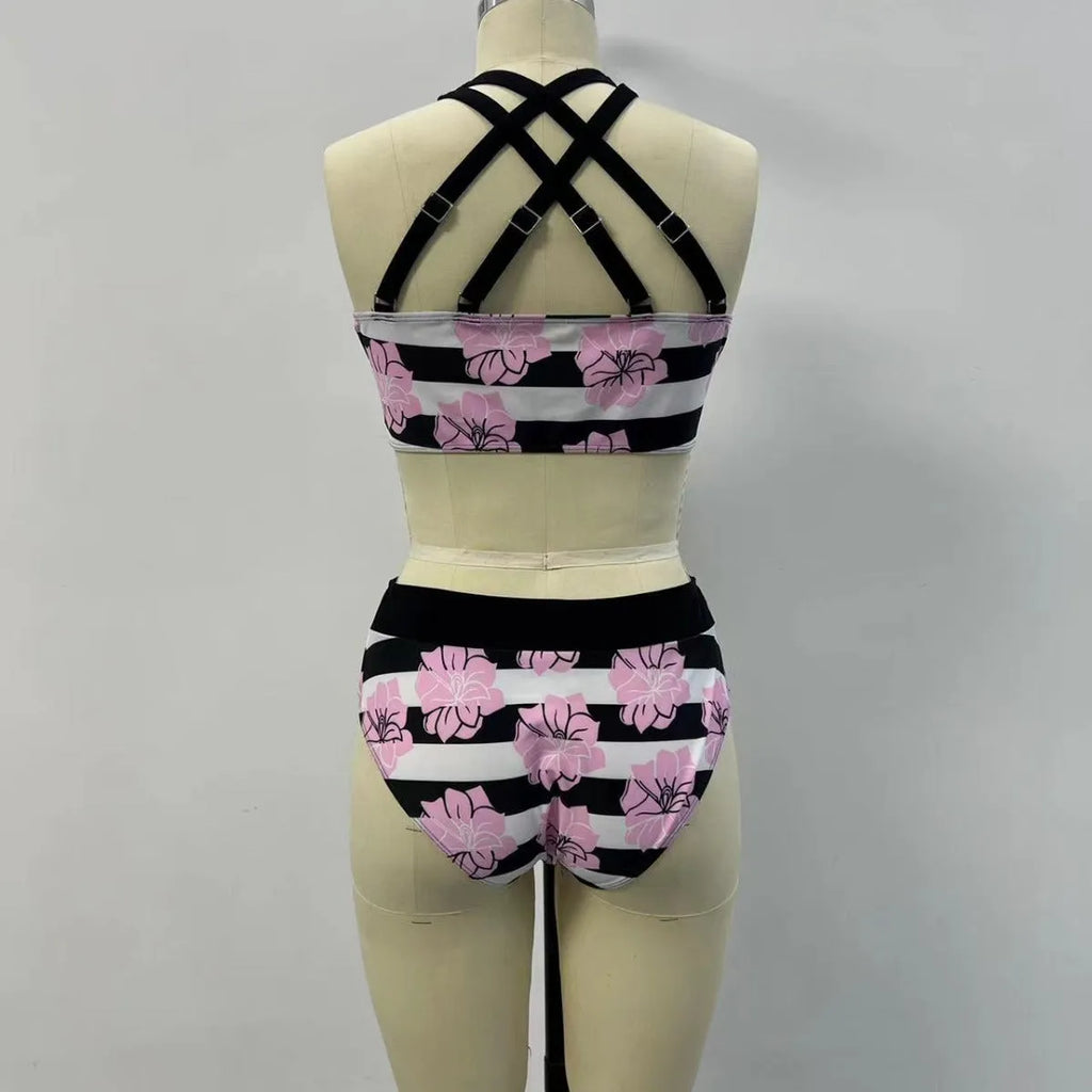 Black women's split bikini with belly coverage for swimming