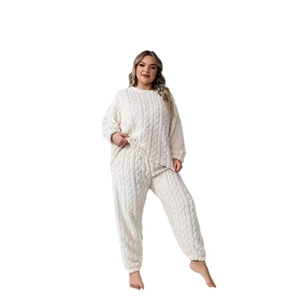 Creamy white women's plush two-piece trouser suit with long sleeves in a casual Japanese Korean style