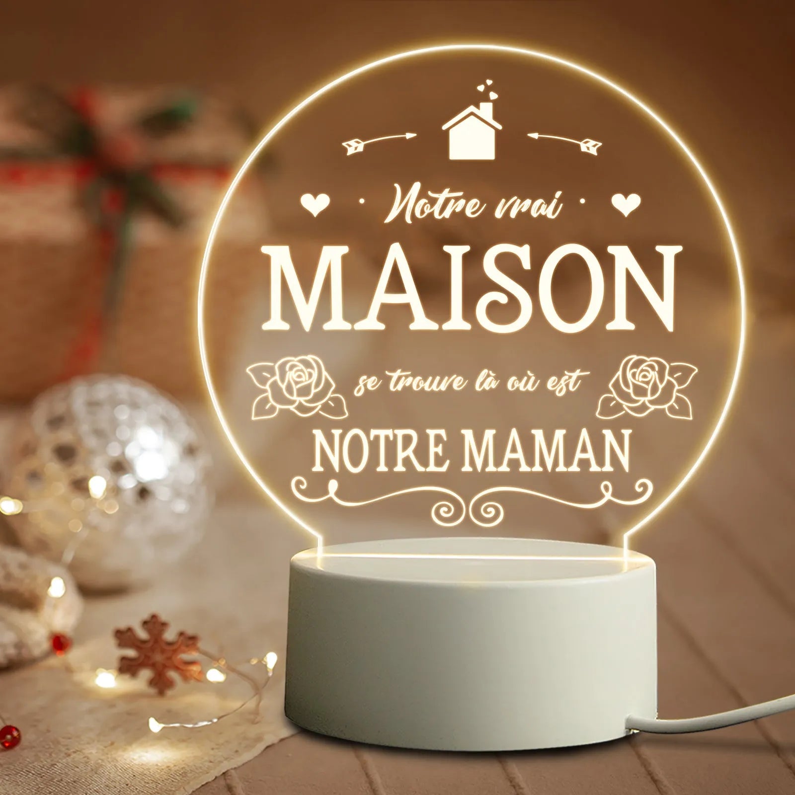 Modern white bedside night light with acrylic shade on ABS base, connected via USB cable.
