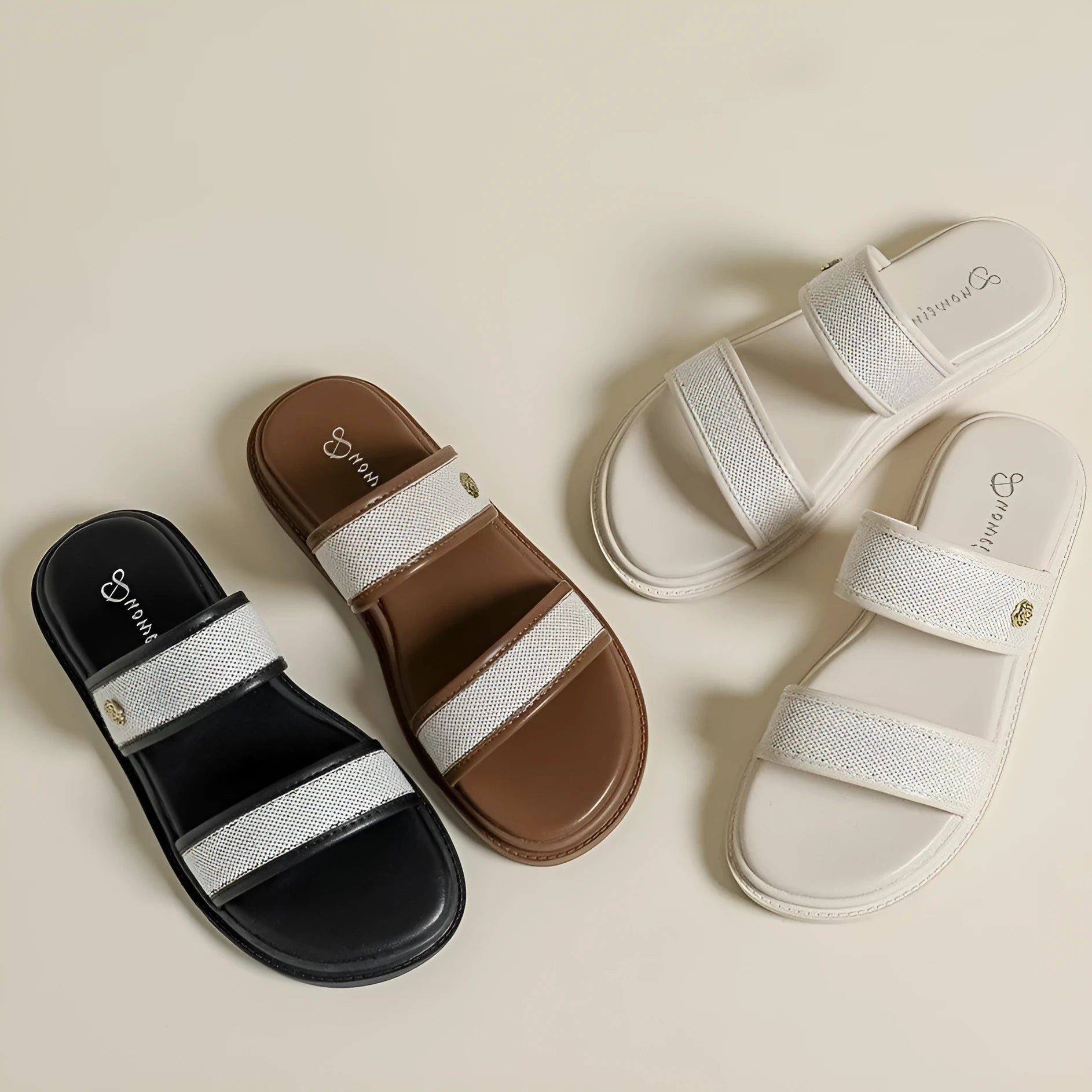 Brown and black vintage women's soft bottom flip-flops with artificial PU upper