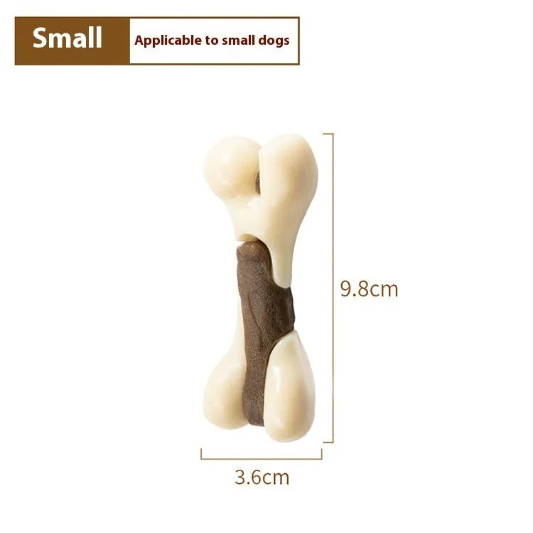Eating and Playing Series bone-shaped dog chew toy in two sizes, made from brown cowhide and nylon.