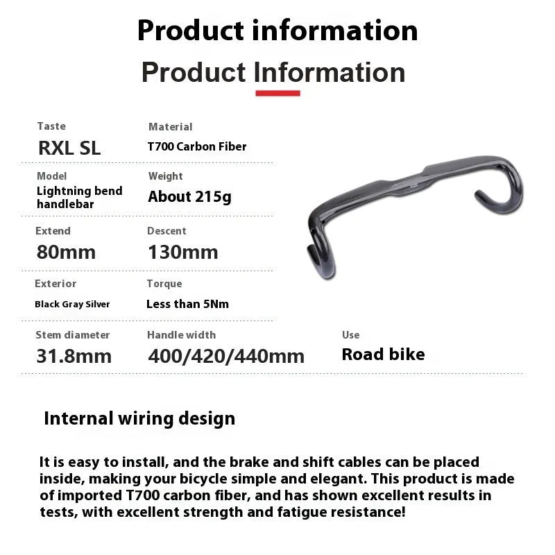 Carbon fibre road bicycle drop handlebar in black grey silver showing 400mm width option
