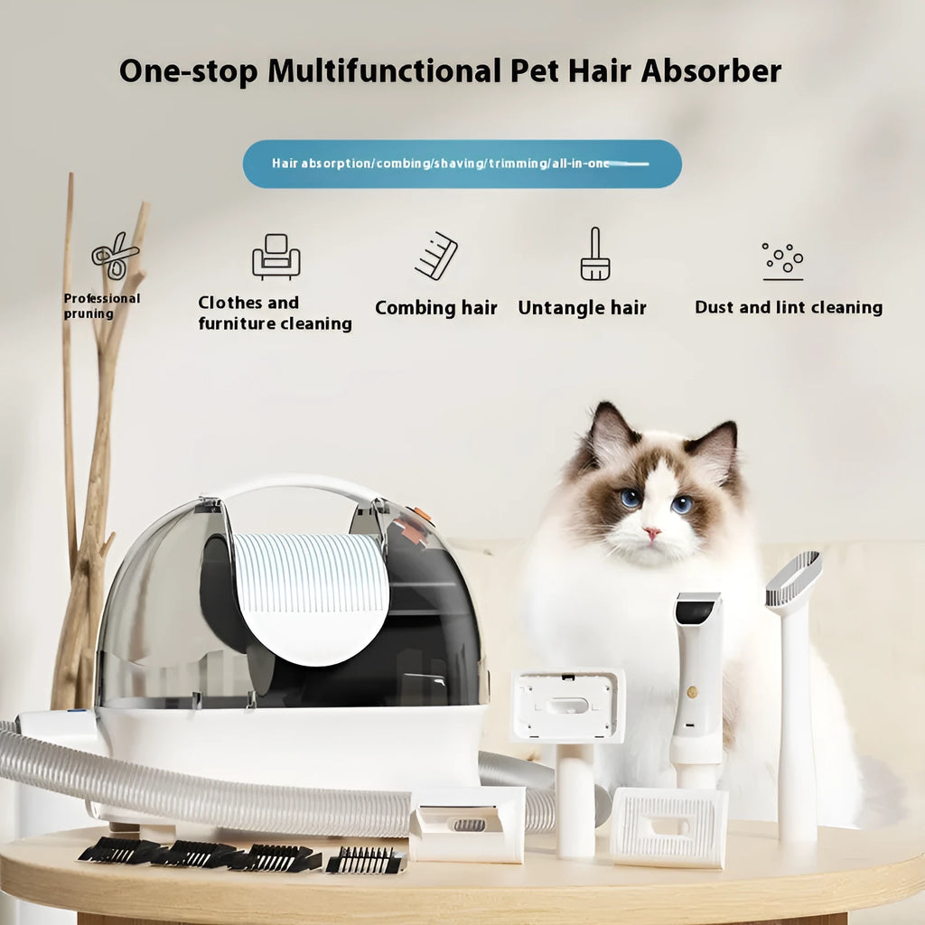 Pink white pet hair conditioner vacuum cleaner with long hose and grooming attachments on a white background.