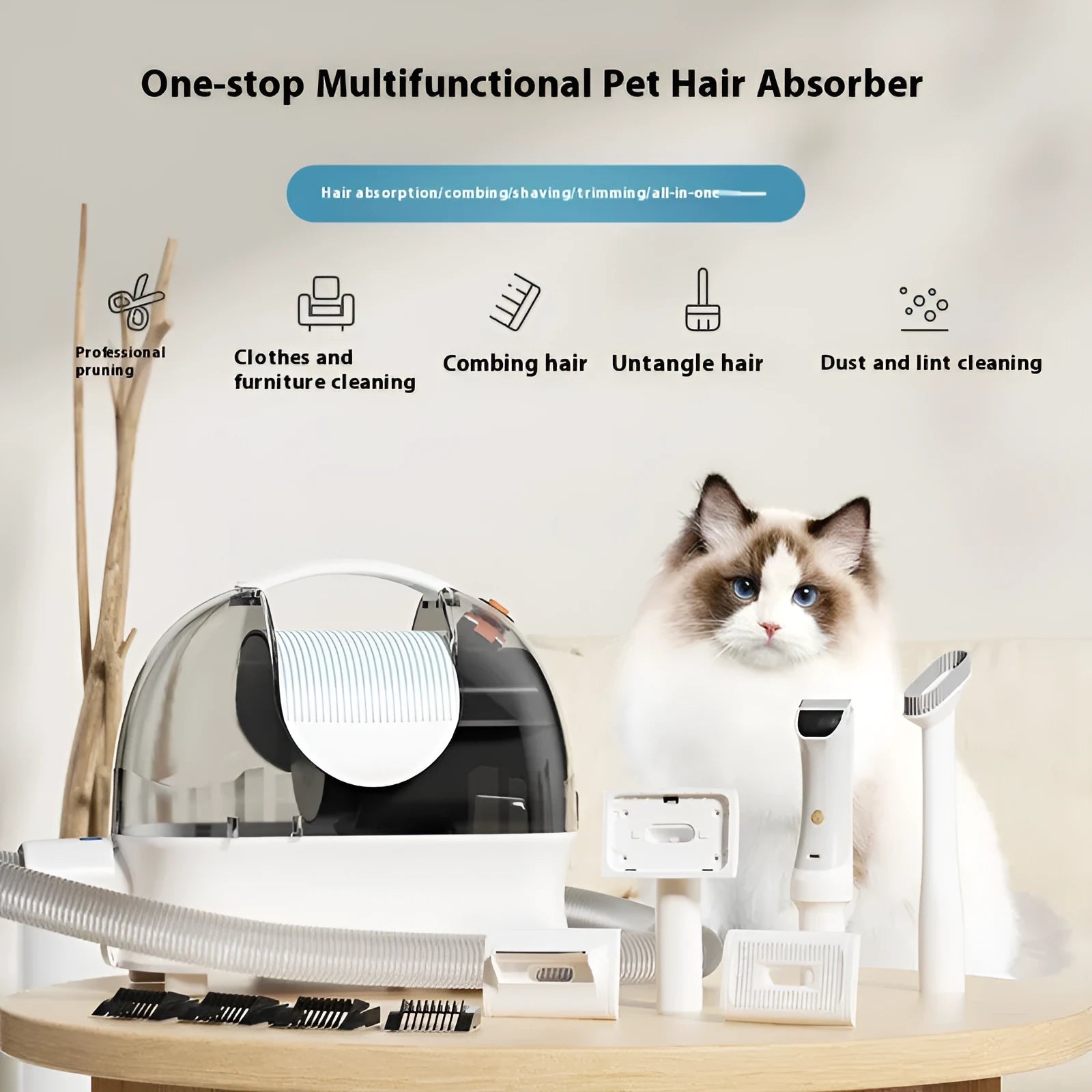 Pink white pet hair conditioner vacuum cleaner with long hose and grooming attachments on a white background.
