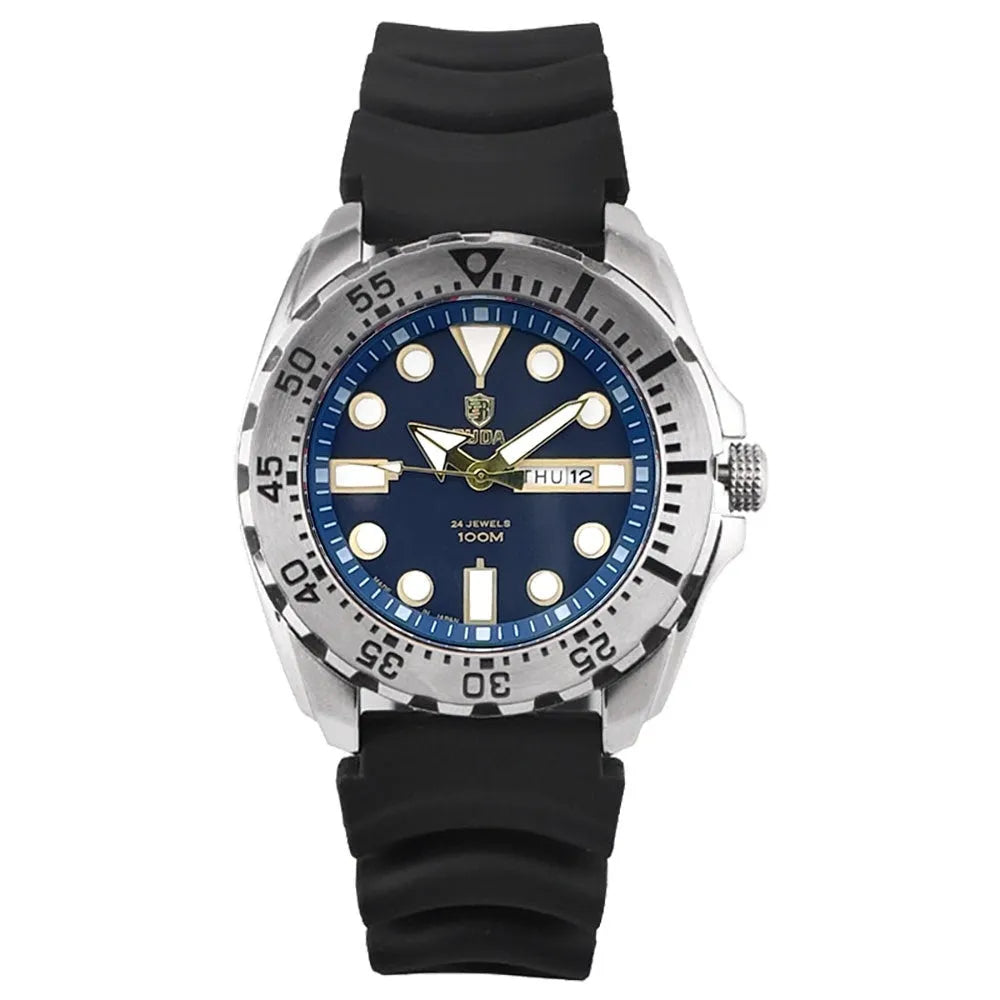 Men's waterproof luminous quartz watch with blue case and steel strap showing sporty 15mm design