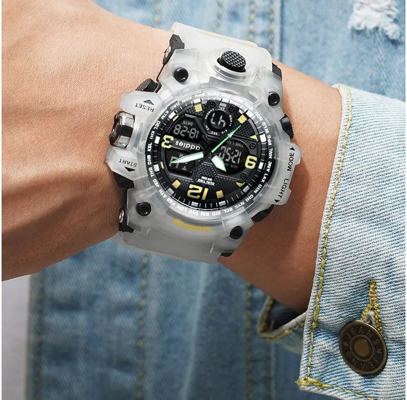 Men's electronic sports watch with dual analogue and digital display on plastic strap