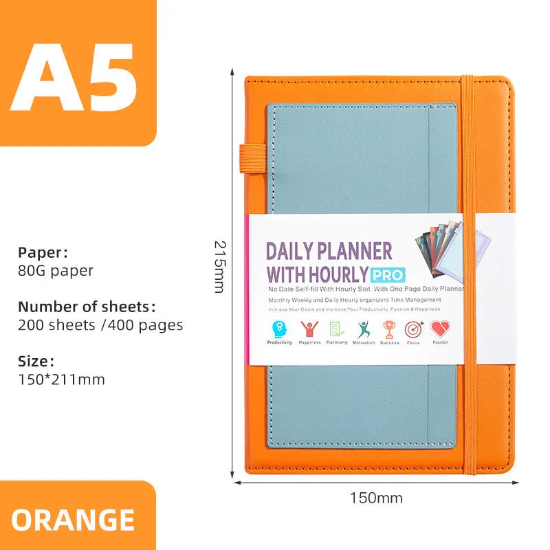 PU leather notebook with strap closure, shown open on 80g wood-free paper, available in purple, green, gray, black, pink, and orange.