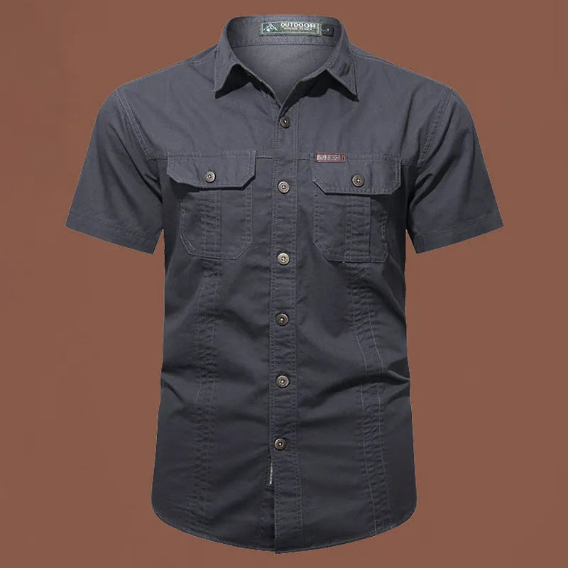 Men's loose fit cotton short sleeve work shirt in army green with non-iron treatment