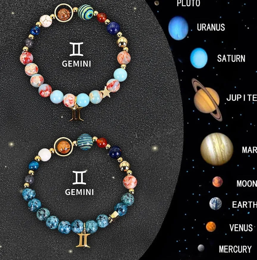 Set of two natural stone beaded bracelets showing zodiac sign charms on a wooden surface.