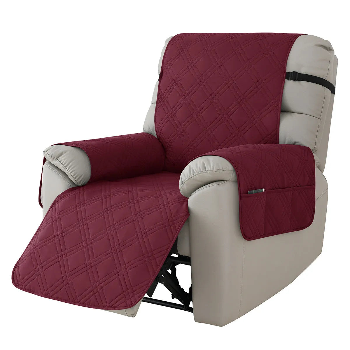 Quilted burgundy sofa cover on a Chivas massage chair