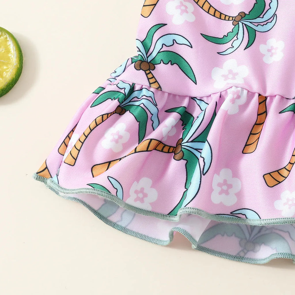 White sweet style children's two-piece swimsuit set with top and shorts on a hanger