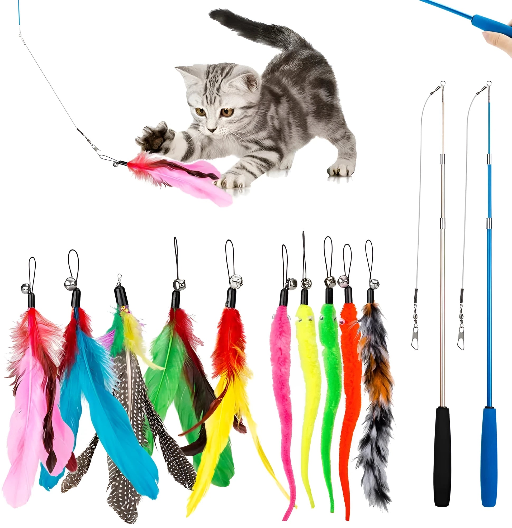 Cat teasing rod set with extendable wand and feather replacement heads